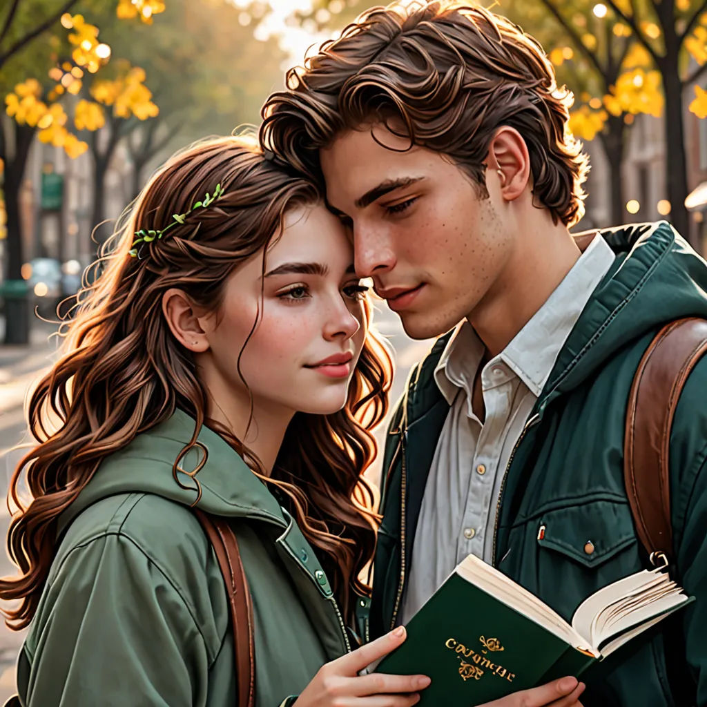 a man and a woman are standing together and reading a book together in the street, with trees in the background, romanticism, a poster, David Park, movie still