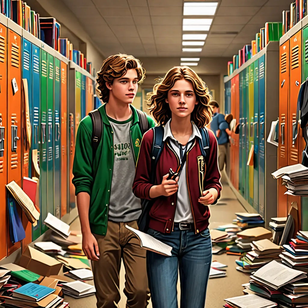 a couple of people walking through a hallway filled with books and folders on the floor of a library, serial art, poster art, Felix-Kelly, official art