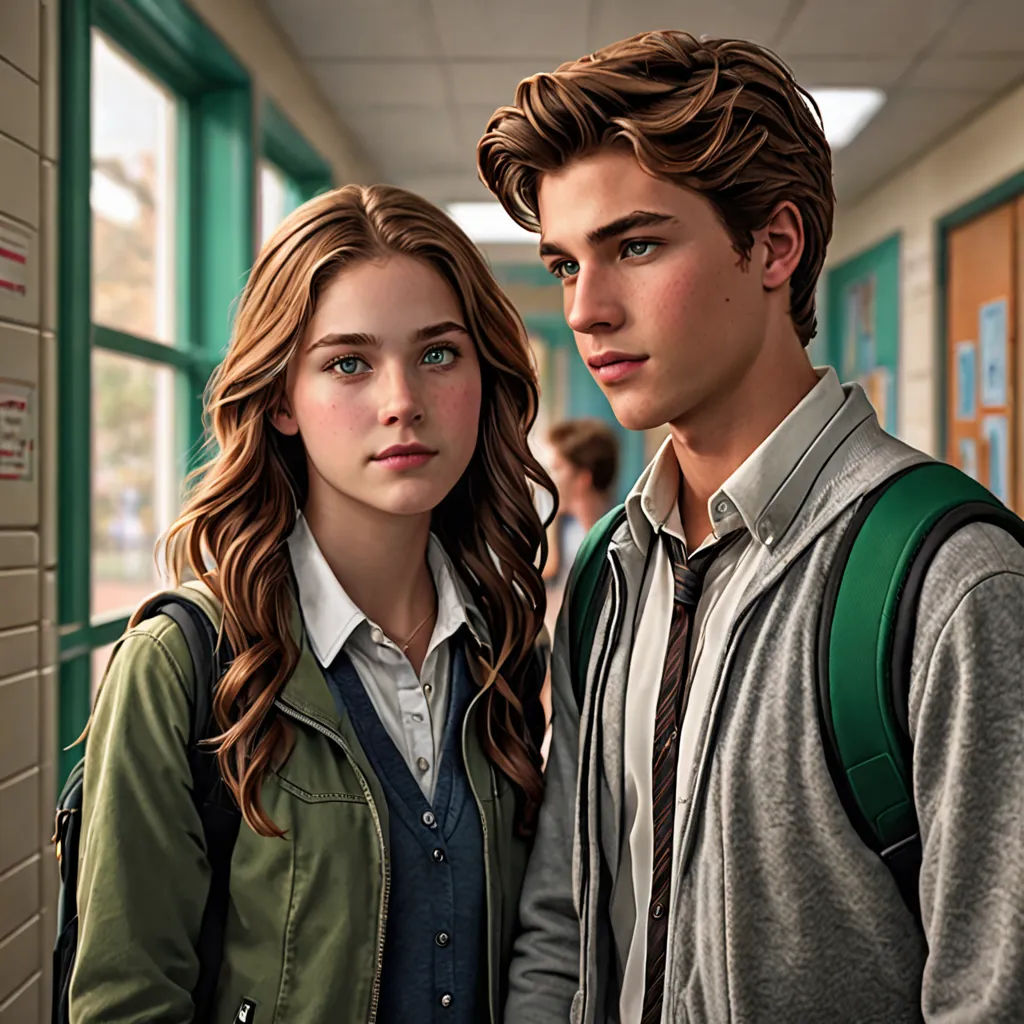 a boy and a girl standing next to each other in a hallway with a brick wall and green doors, vancouver school, a poster, Felix-Kelly, promotional image