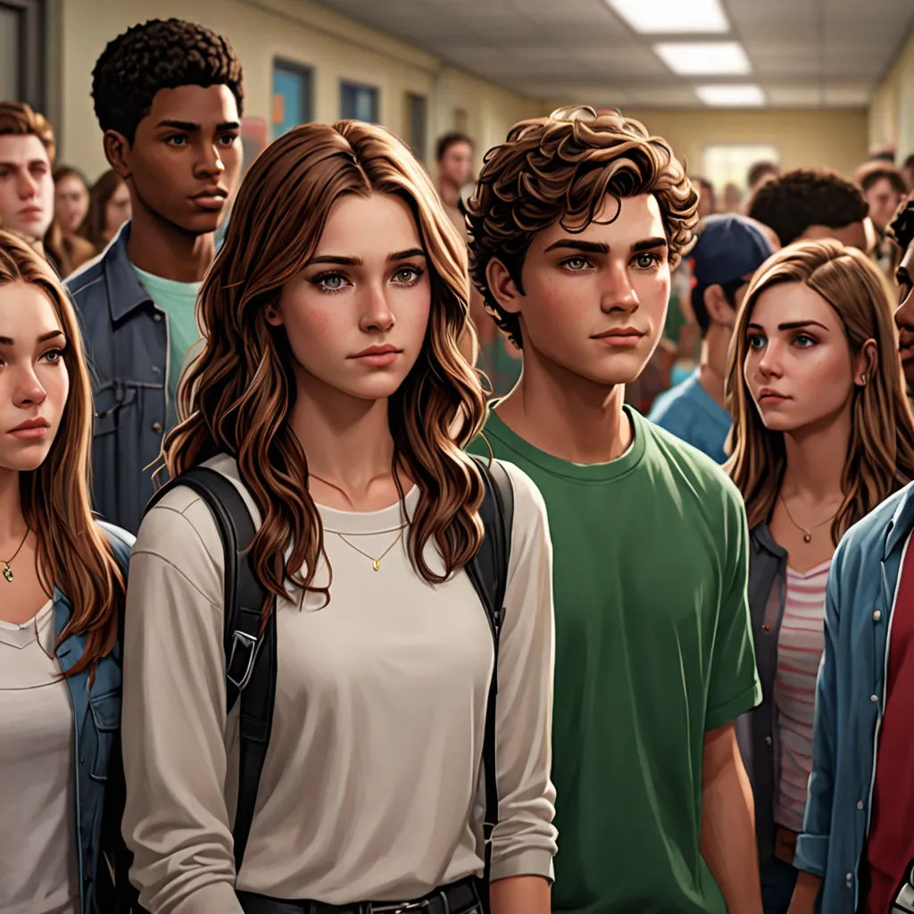 a group of people standing in a hallway next to each other in a classroom with a computer screen on the wall, sots art, a hyperrealistic painting, Cedric Seaut (Keos Masons), ultra realistic illustration