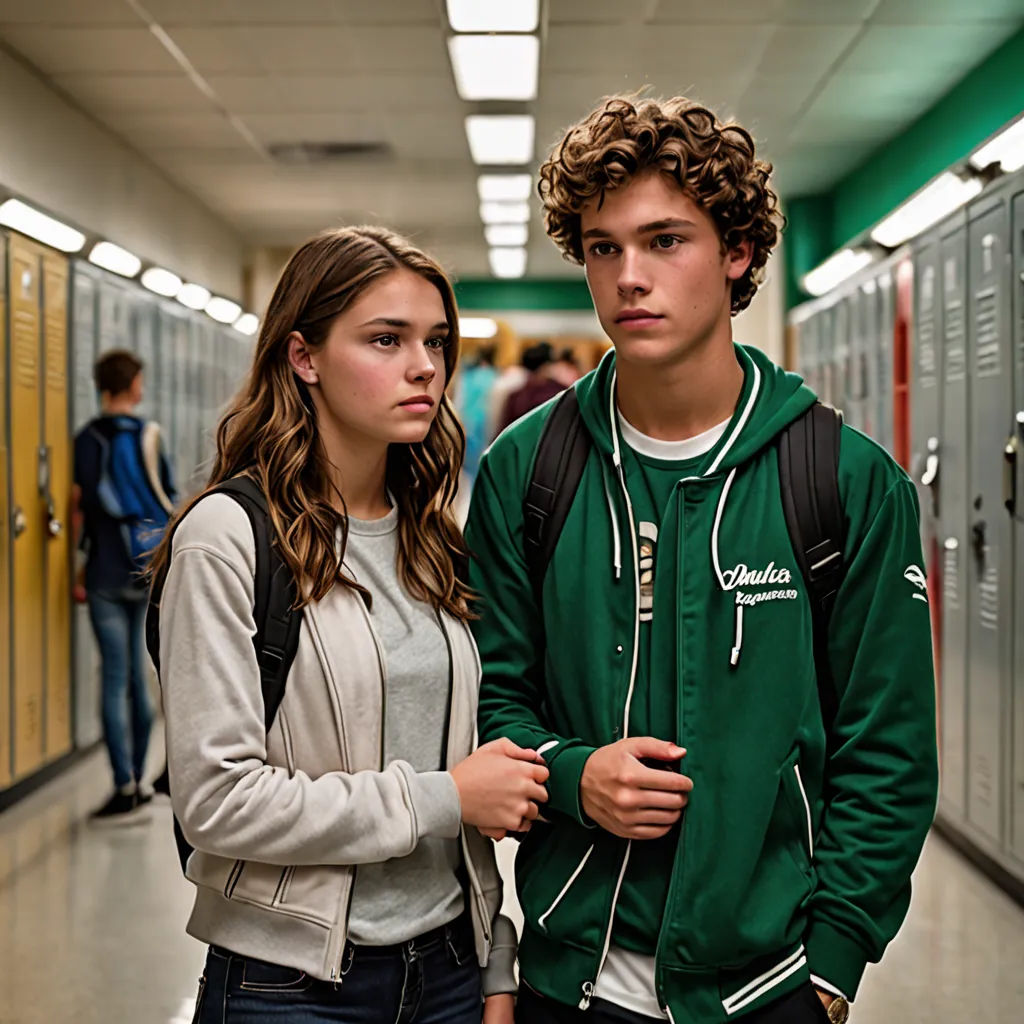 a young man and woman standing in a hallway next to lockers with lockers on the walls and a hallway with lockers on the floor, vancouver school, a poster, Felix-Kelly, promotional image