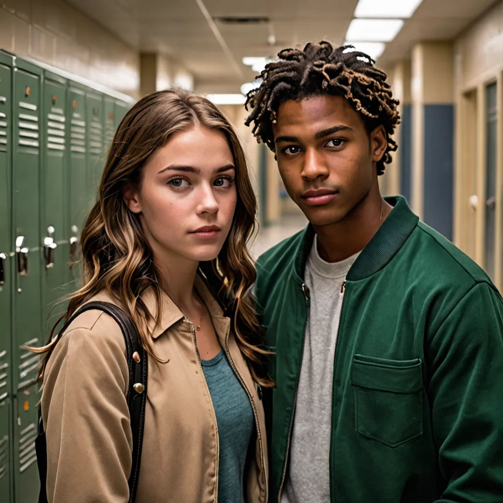 a man and a woman standing in a hallway next to lockers with lockers behind them and a backpack on their shoulder, northwest school, a poster, Felix-Kelly, promotional image