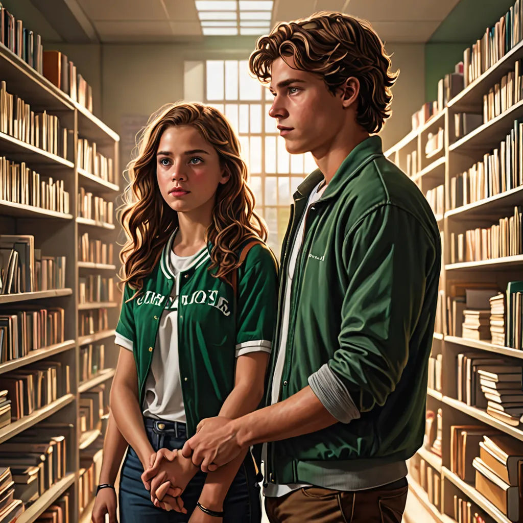 a man and a woman standing in a library with bookshelves behind them and a window in the background, hyperrealism, a painting, Colin Middleton, promotional image