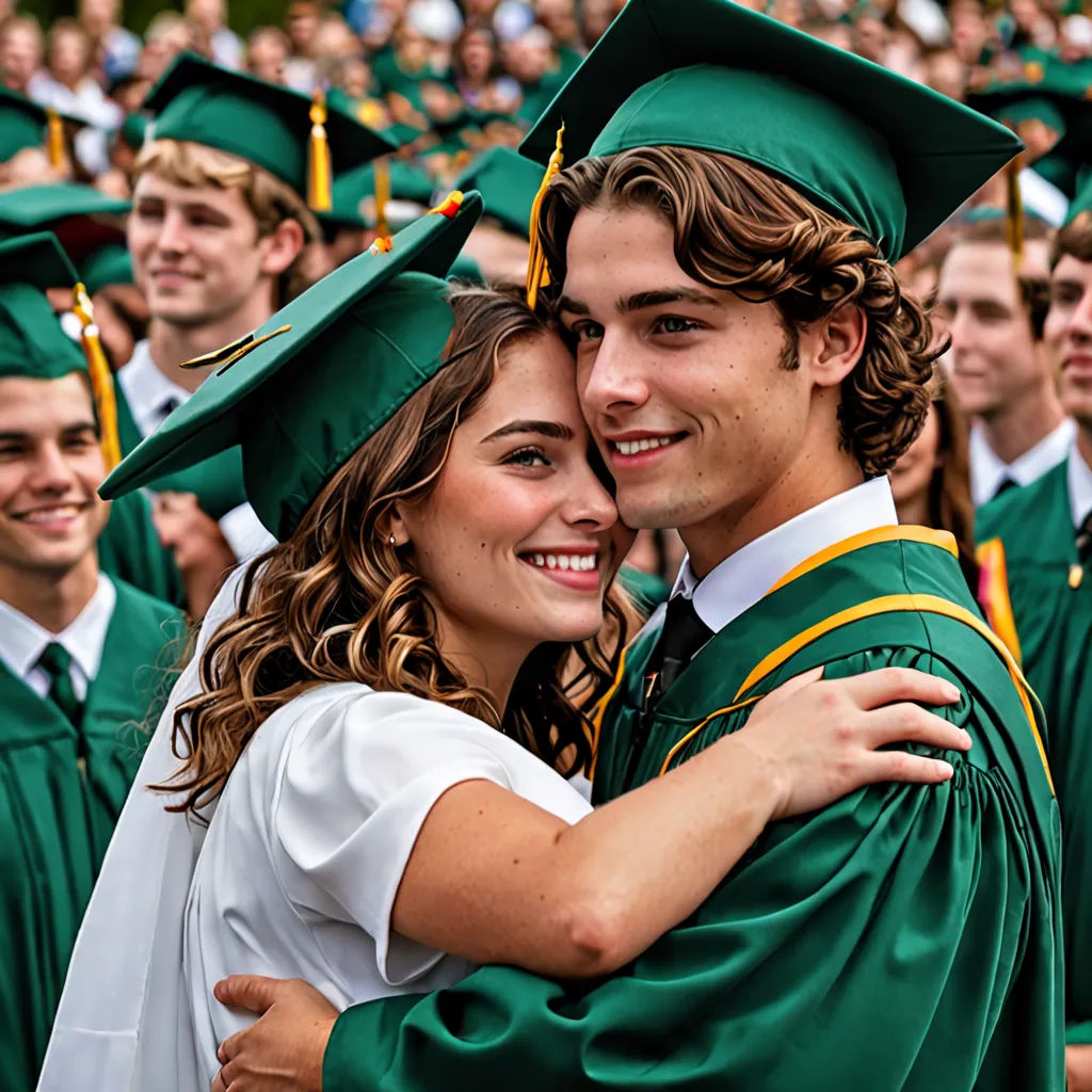 a couple of people that are hugging each other in front of a crowd of people wearing graduation caps and gowns, heidelberg school, a stock photo, Fletcher Martin, movie still