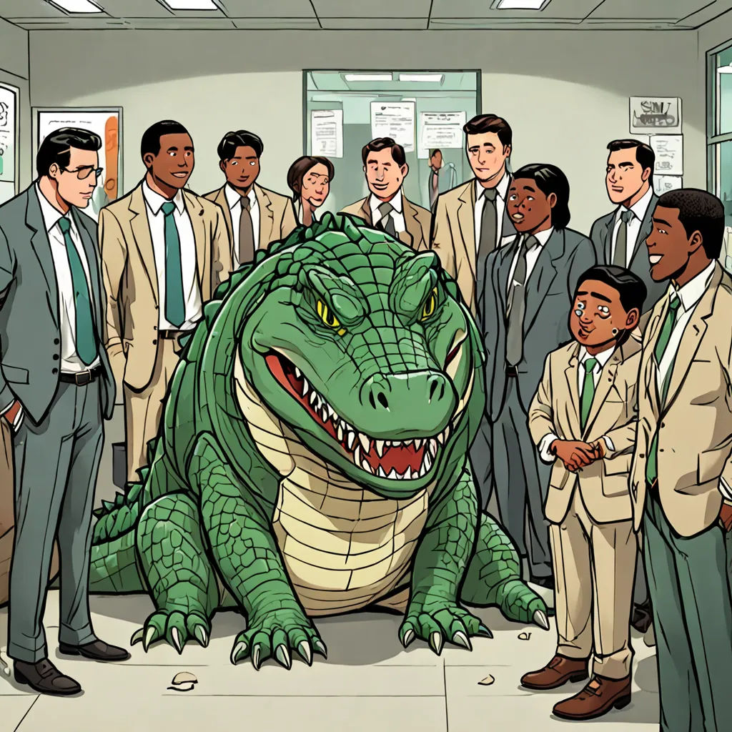 a cartoon of a large alligator surrounded by men in suits and ties, standing in a room with a large group of men, a comic book panel, furaffinity, institutional critique, Benjamin Marra