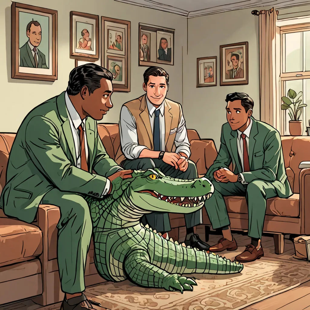 a cartoon of a man sitting on a couch with a crocodile in front of him and two men in suits, a comic book panel, graphic novel, american realism, F Scott Hess