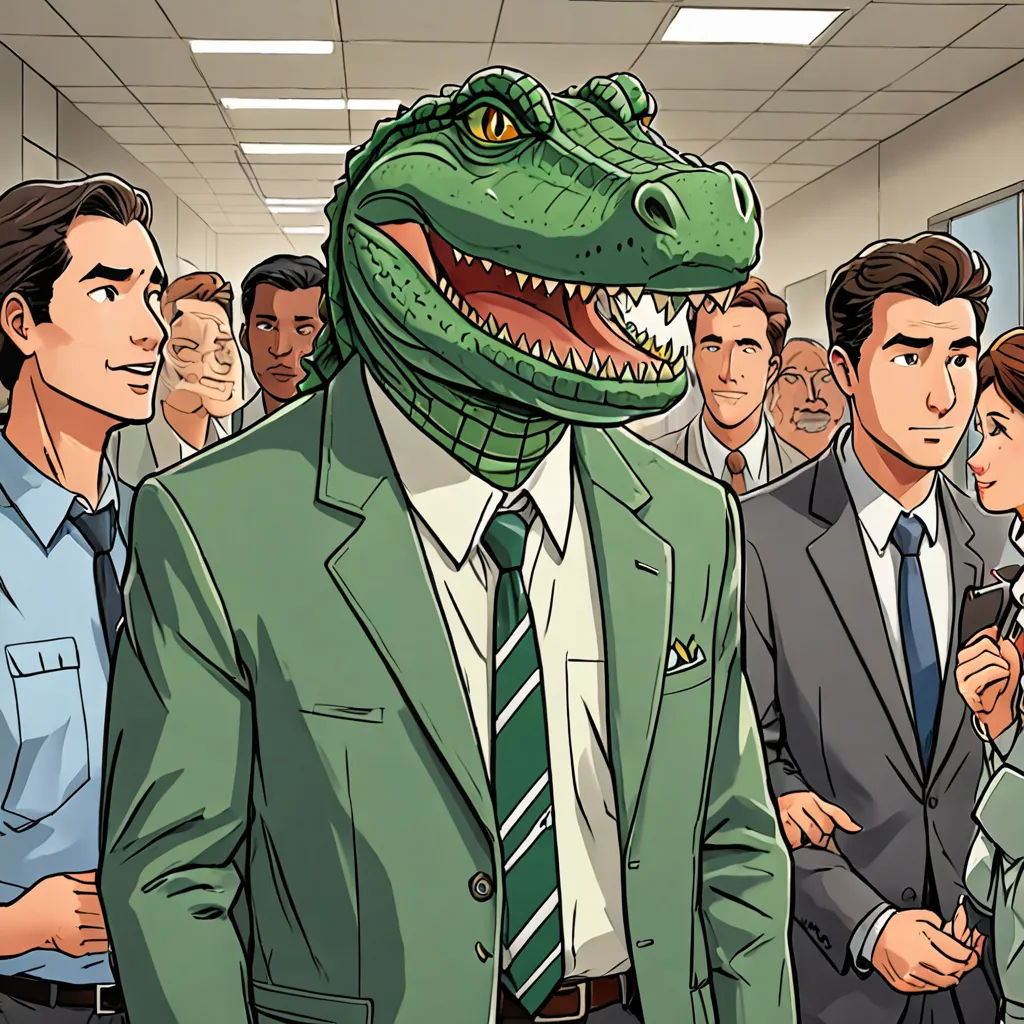 a cartoon of a man in a suit and tie with a dinosaur head on his head and a group of people in the background, a comic book panel, furaffinity, furry art, Adam Rex