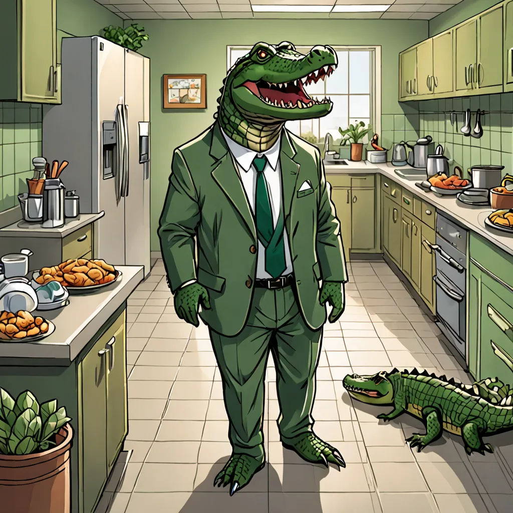 a cartoon of a man in a suit and alligator head in a kitchen with a crocodile in the background, a character portrait, furaffinity, furry art, Adam Rex