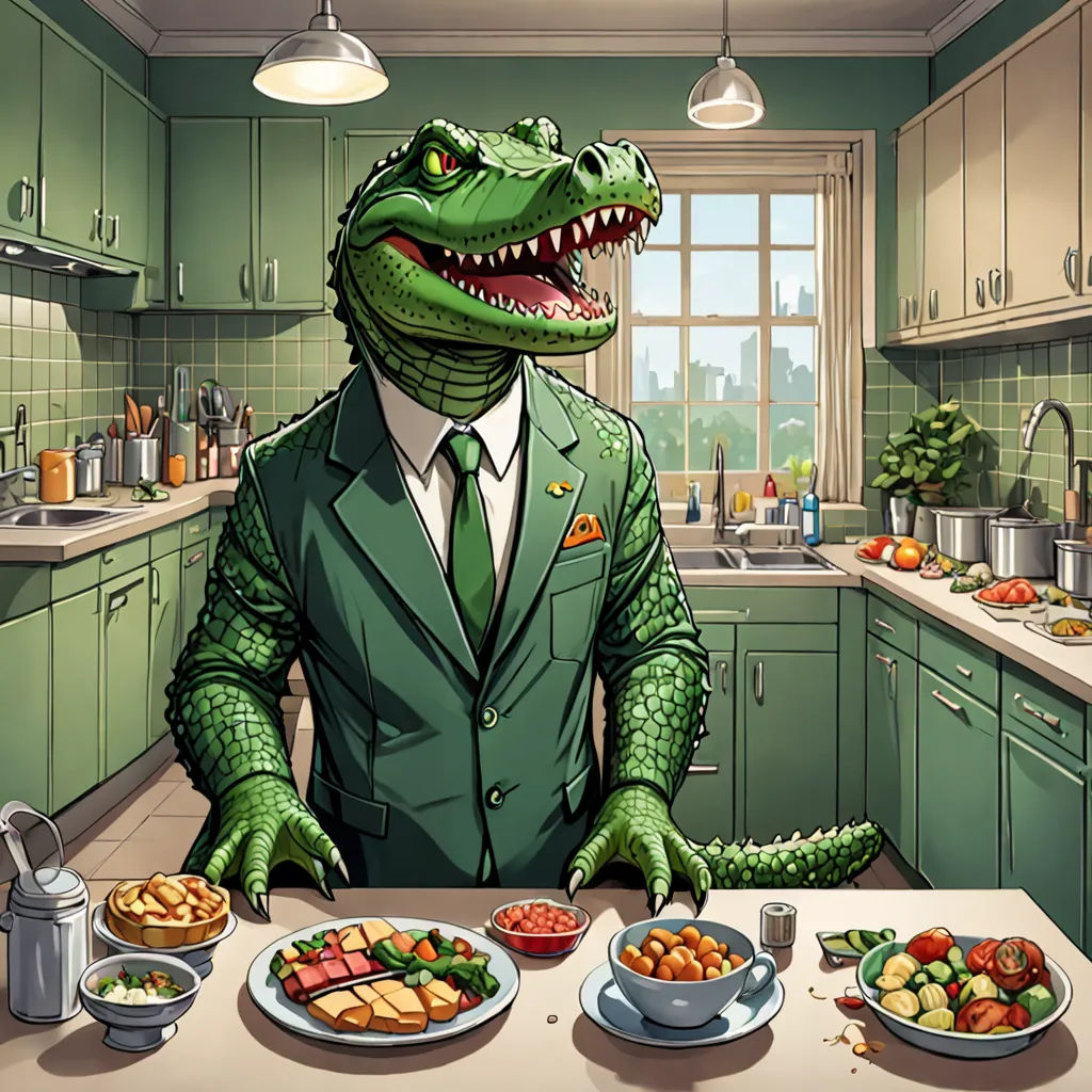 a cartoon alligator in a suit standing in a kitchen with a table full of food and a kettle of water, a character portrait, game art, furry art, Adam Rex