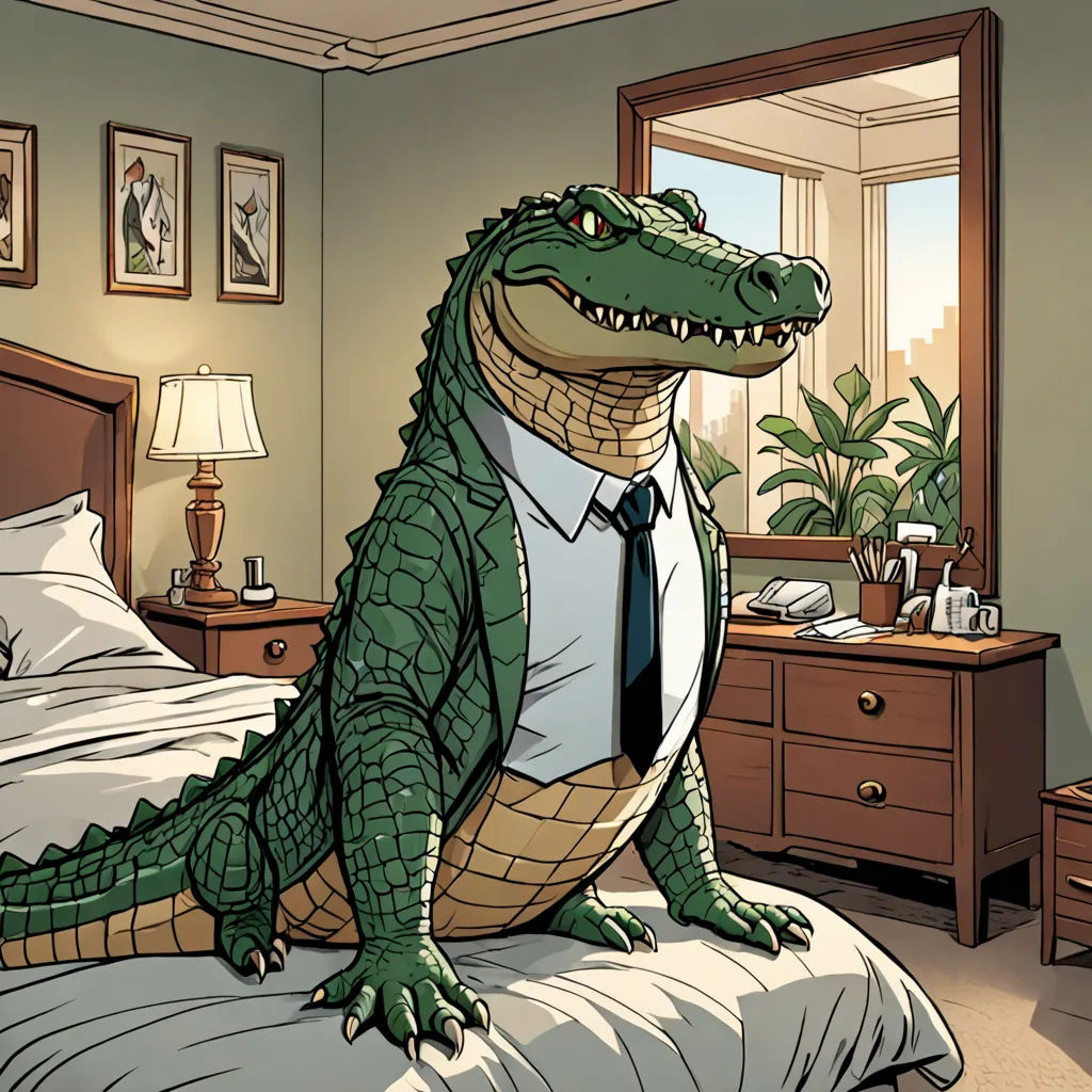 a cartoon alligator in a suit sitting on a bed in a bedroom with a dresser and a mirror behind it, a comic book panel, furaffinity, furry art, Adam Rex