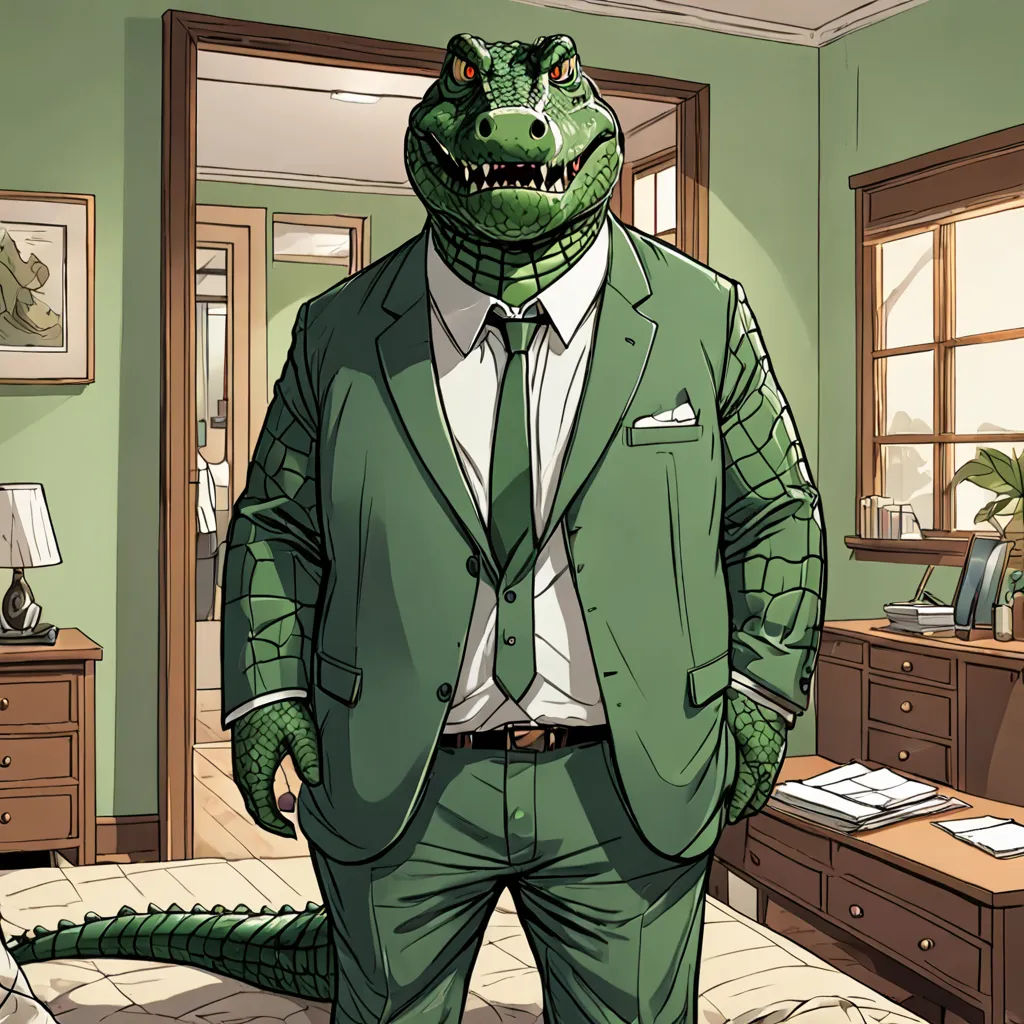 a man in a suit and tie standing in a room with a alligator head on his suit jacket and tie, a comic book panel, laurie greasley, furry art, Benjamin Marra