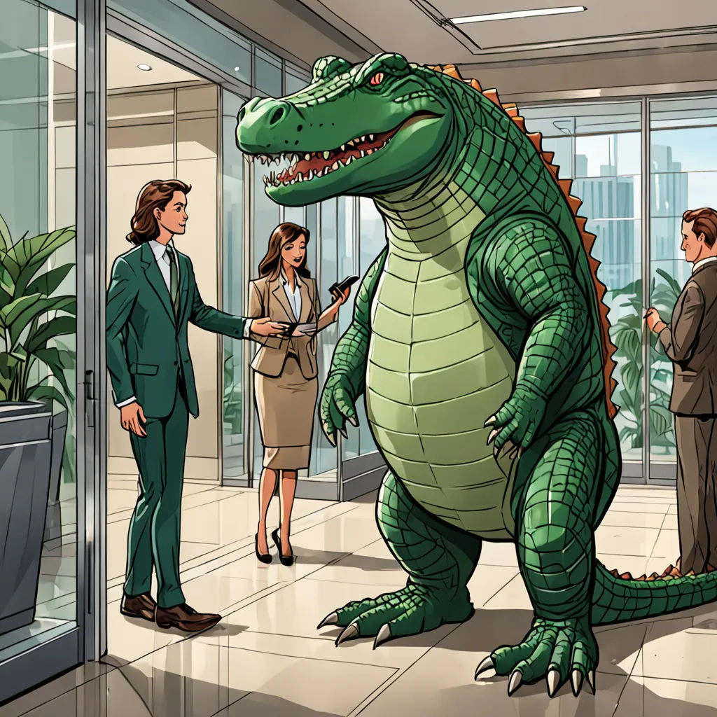 a cartoon of a man in a suit and a woman in a suit and tie standing next to a large alligator, a comic book panel, furaffinity, institutional critique, Adam Rex