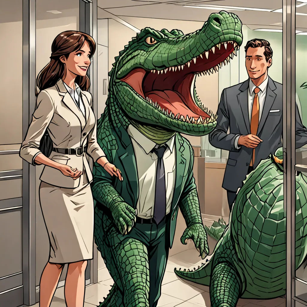 a man and woman standing next to a giant alligator in an office building with a man in a suit and tie, a comic book panel, furaffinity, furry art, Adam Rex