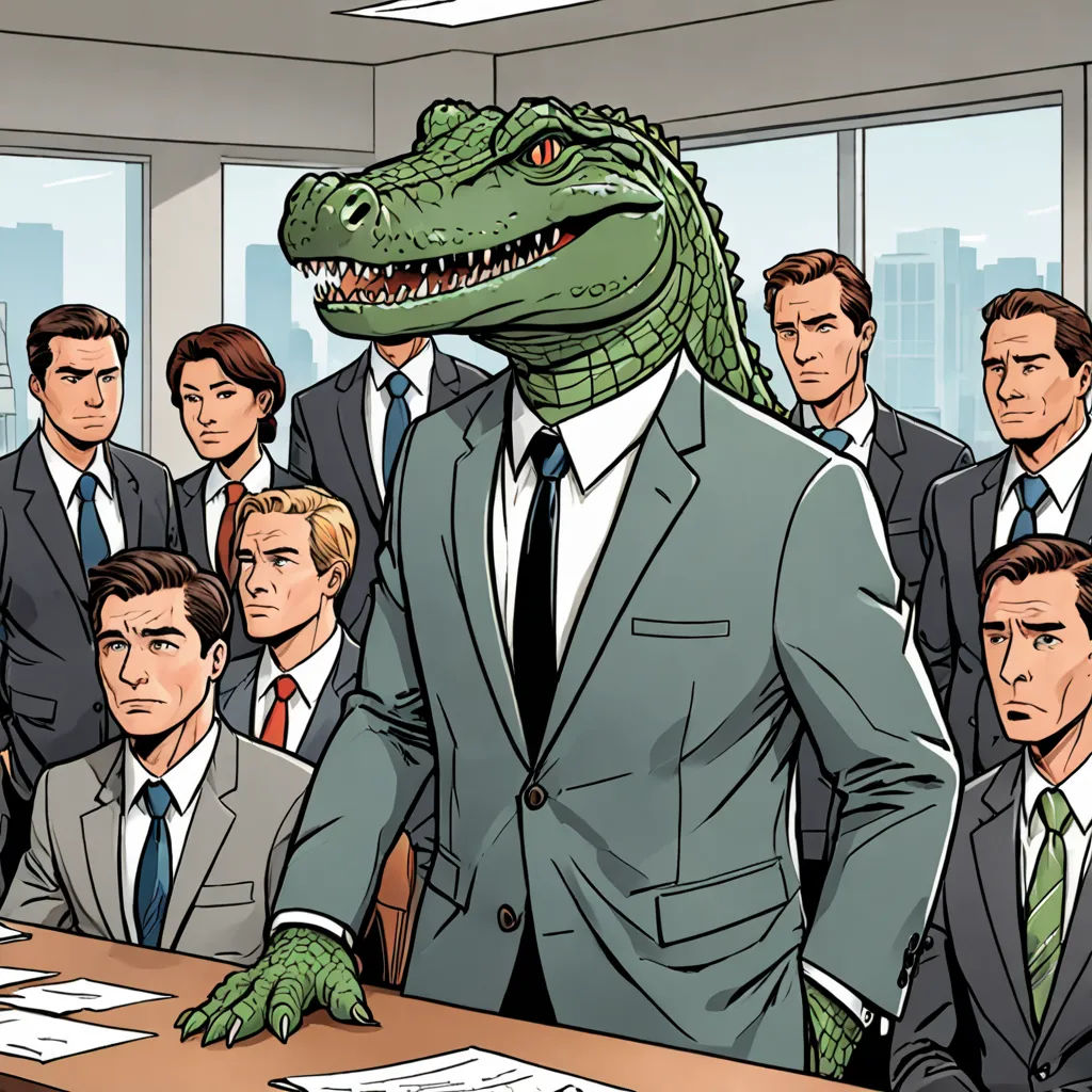 a cartoon of a man in a suit and tie with a dinosaur head on his head and a group of men in suits behind him, a comic book panel, furaffinity, furry art, Adam Rex