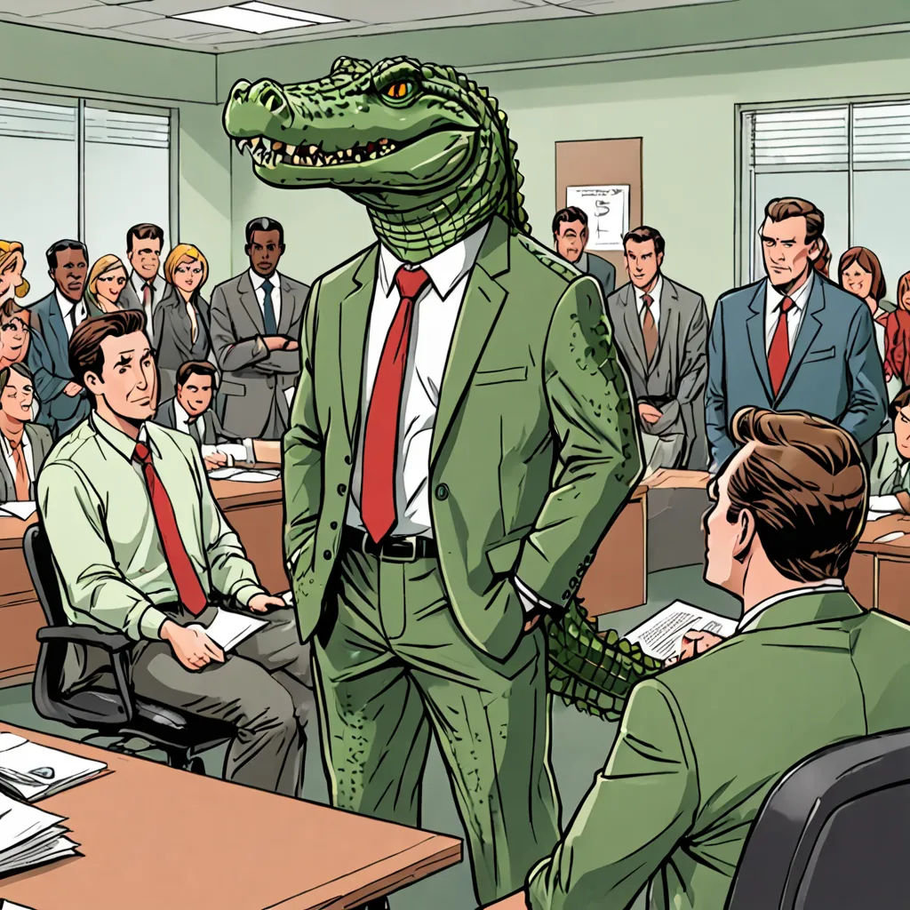 a cartoon of a man in a suit and tie standing in front of a crocodile in a suit and tie, a comic book panel, furaffinity, furry art, Adam Rex