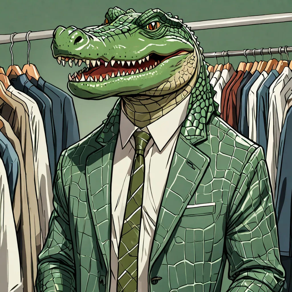 a man in a suit and tie with a crocodile head on his head, standing in front of a rack of shirts, a character portrait, high detail illustration, maximalism, Adam Rex