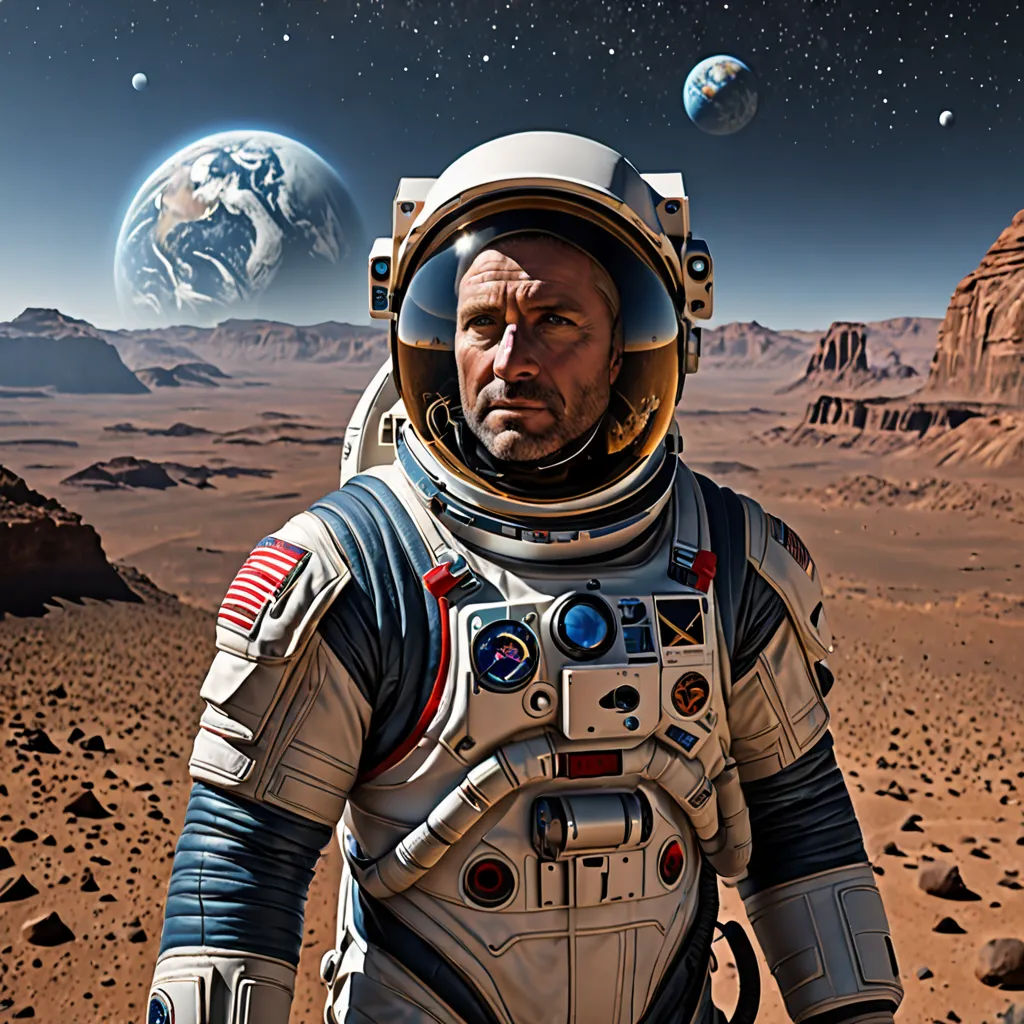 a man in a space suit standing in the desert with a planet in the background and a distant sky, David Martin, space art, a detailed matte painting, highly detailed digital painting