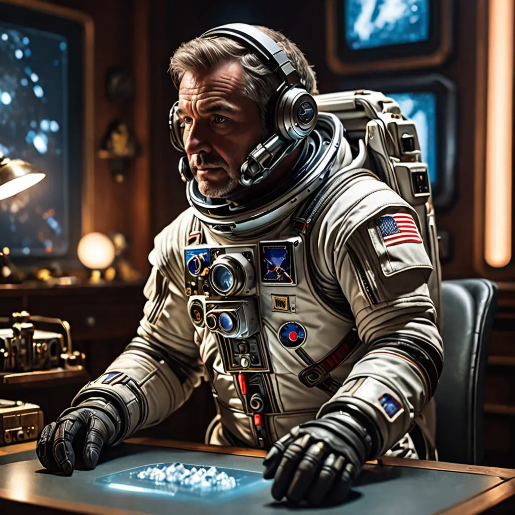 a man in a space suit sitting at a desk in a room with a computer monitor and a light, Chris LaBrooy, space art, a detailed matte painting, promotional image