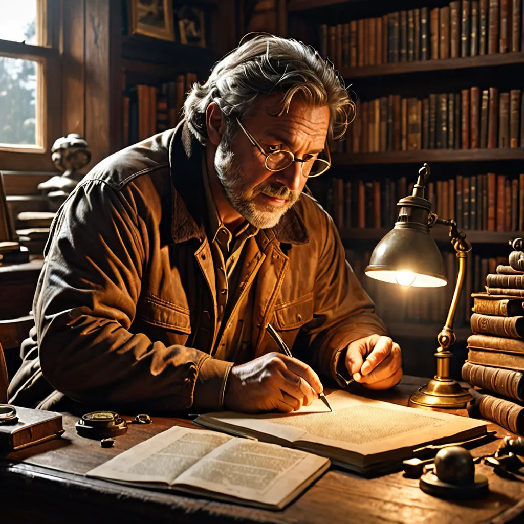 a man sitting at a desk writing on a piece of paper with a lamp on top of it and books on the desk, David Teniers III, arts and crafts movement, a detailed matte painting, promotional image