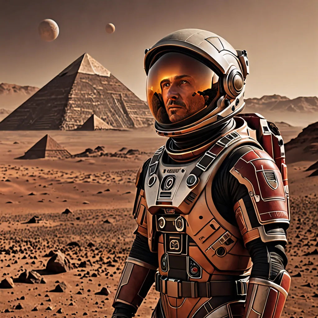 a man in a space suit standing in front of a pyramid and pyramids in the desert with a sky background, Filip Hodas, space art, a detailed matte painting, highly detailed digital painting