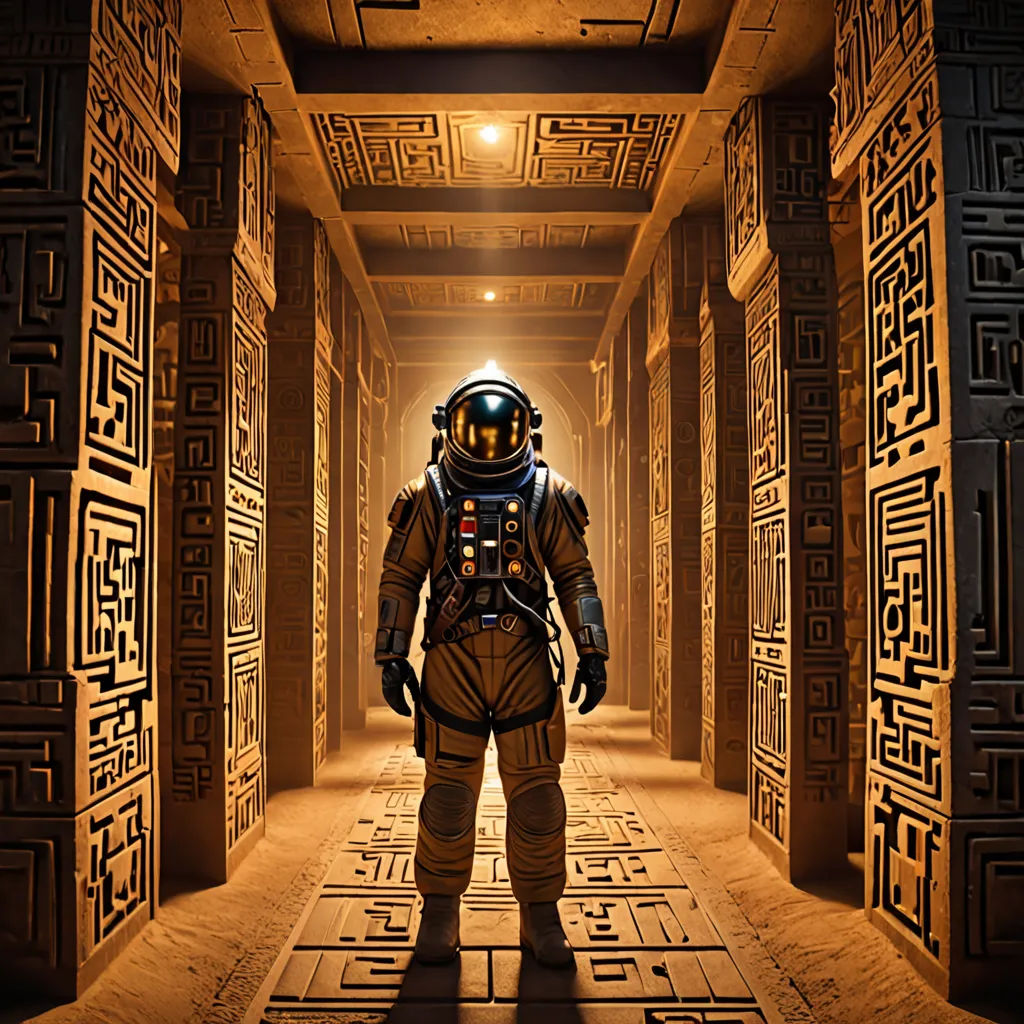 a man in a space suit standing in a hallway with mazes on the walls and a helmet on, Dirk Crabeth, afrofuturism, a detailed matte painting, the fifth element artifacts