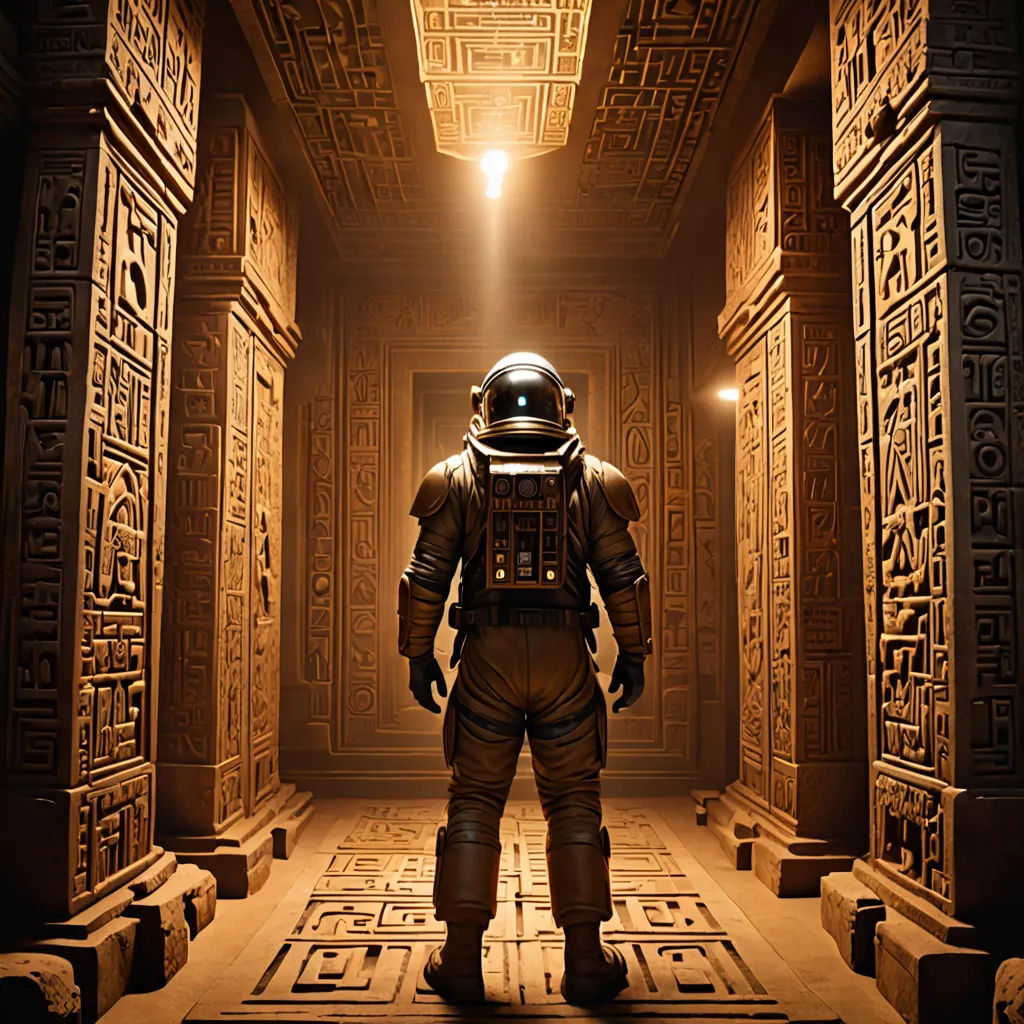 a man in a space suit standing in a doorway with a light on his head and a maze on the floor, David A. Hardy, retrofuturism, poster art, promotional image