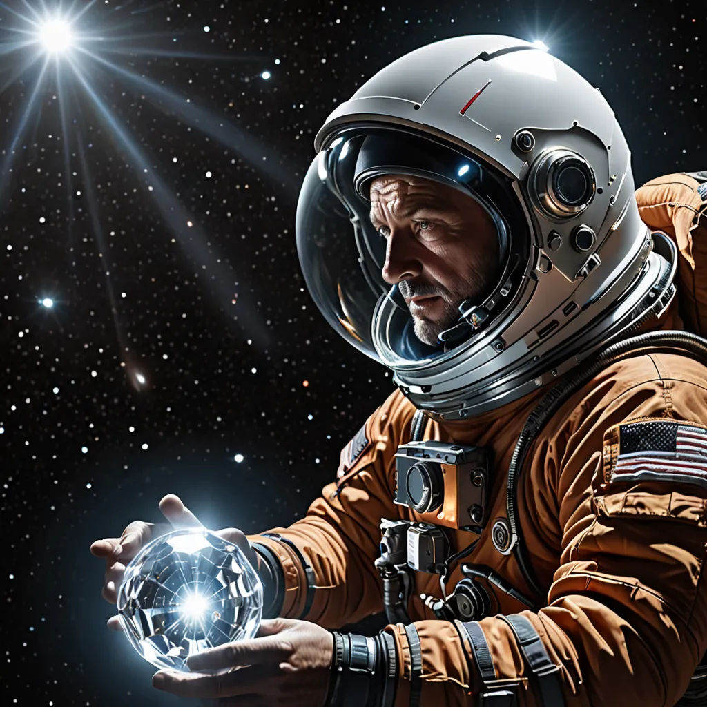 a man in an orange space suit holding a crystal ball in his hand with a star in the background, Donato Giancola, space art, an ultrafine detailed painting, highly detailed digital painting