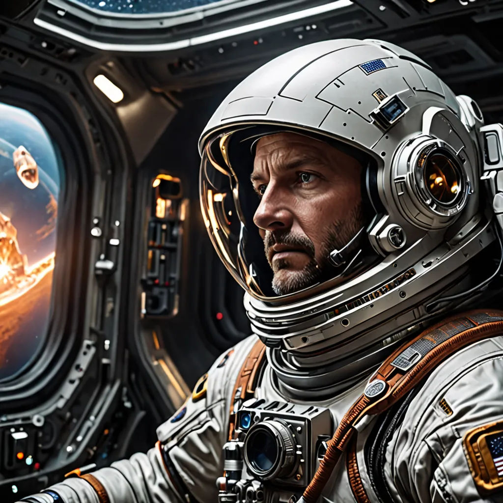 a man in a space suit holding a gun in his hand and looking out of a window at a space station, Filip Hodas, space art, a detailed matte painting, imax 70 mm footage