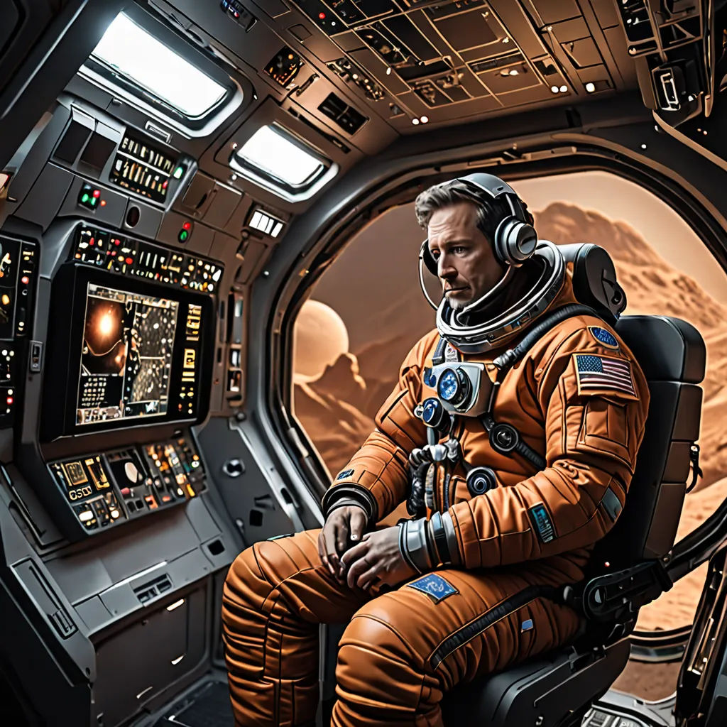 a man in a space suit sitting in a space station looking out the window at the earth and mountains, Filip Hodas, space art, a detailed matte painting, highly detailed digital painting