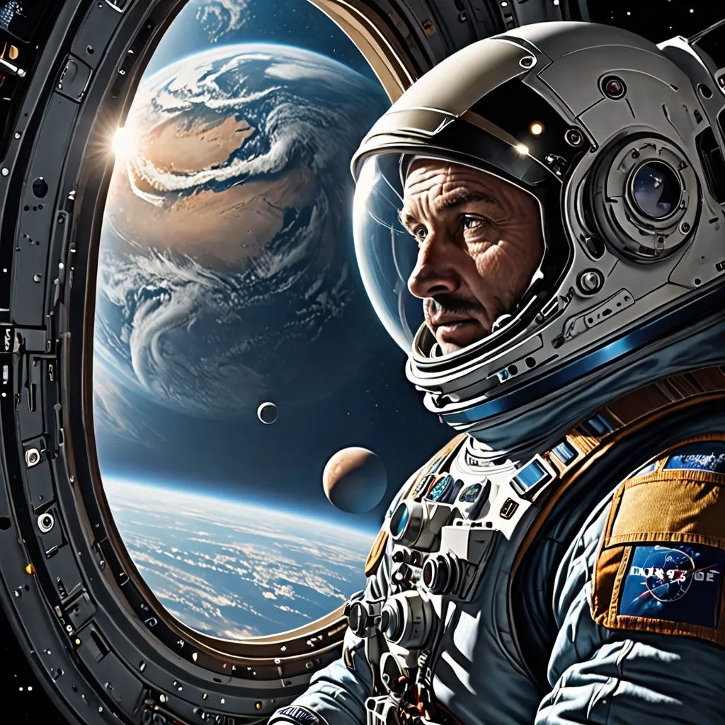 a man in a space suit looking out of a window at the earth and a distant planet in the distance, Donato Giancola, space art, a detailed matte painting, highly detailed digital painting