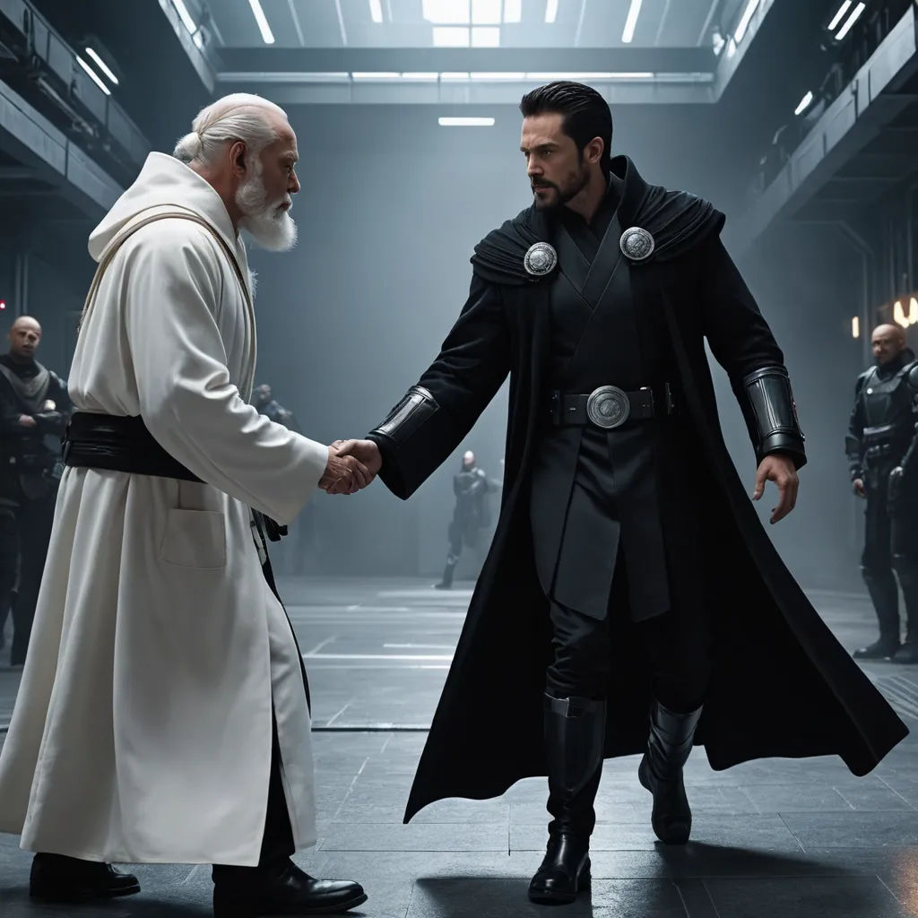 two men in black robes shaking hands in a building with other men in suits and uniforms in the background, antipodeans, a renaissance painting, Erlund Hudson, promotional image