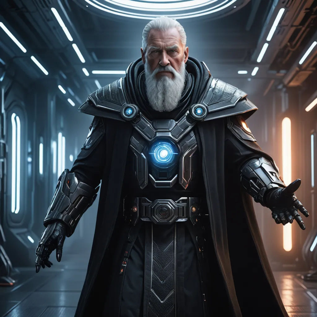 a man in a futuristic suit with a glowing eyeball in his hand and a beard and a beard, computer art, computer graphics, Cedric Peyravernay, unreal engine 5 quality render