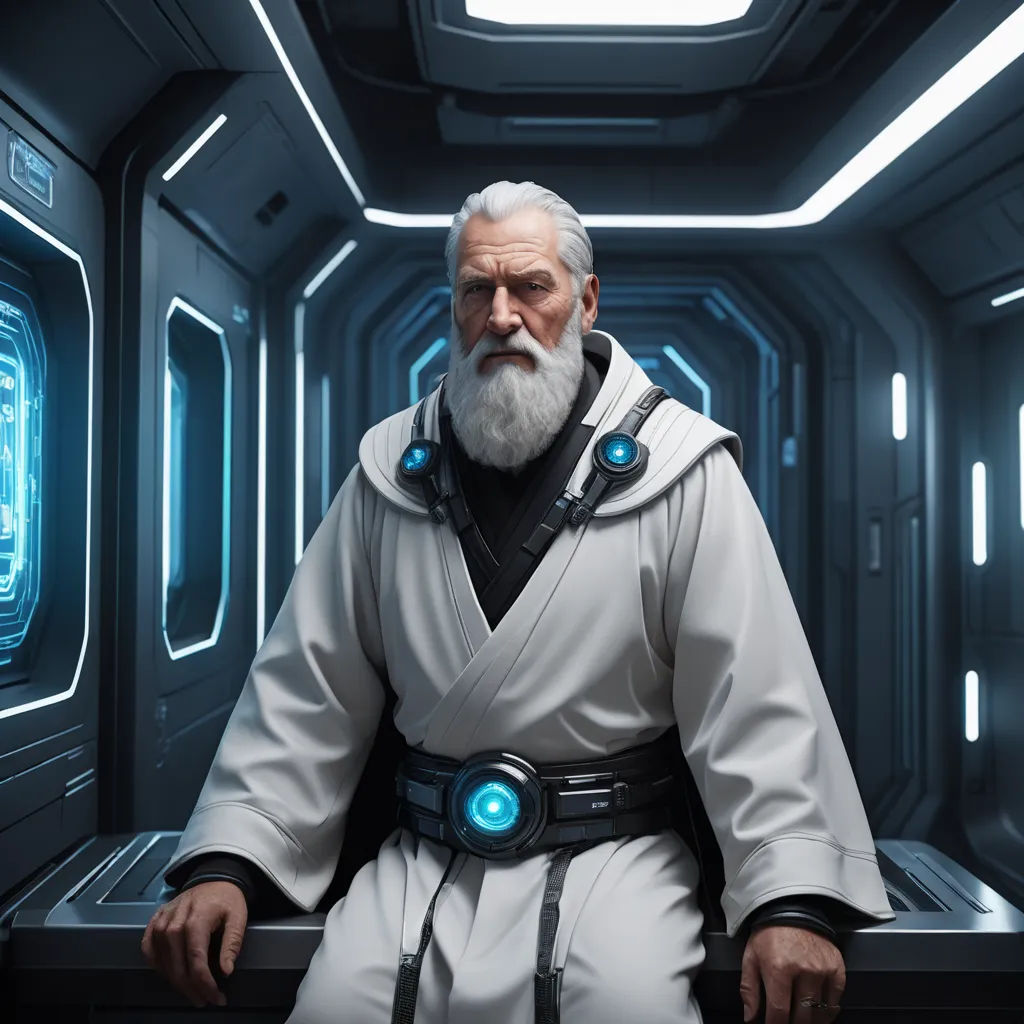 a man in a white outfit with a beard and lights on in a sci - fi fi fi room, space art, a character portrait, Bedwyr Williams, unreal 5 render