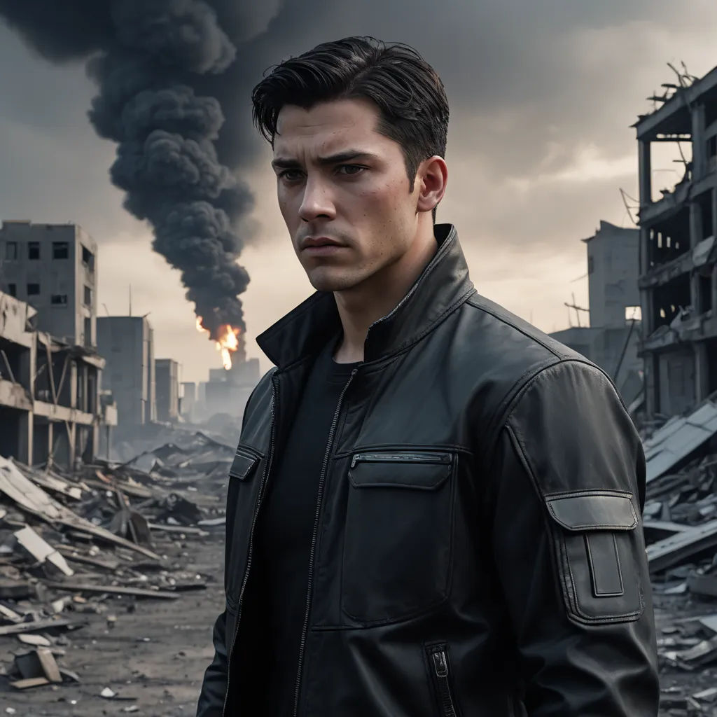 a man standing in front of a building with a lot of smoke coming out of it and a building on fire, neo-figurative, a character portrait, Andor Basch, promotional image