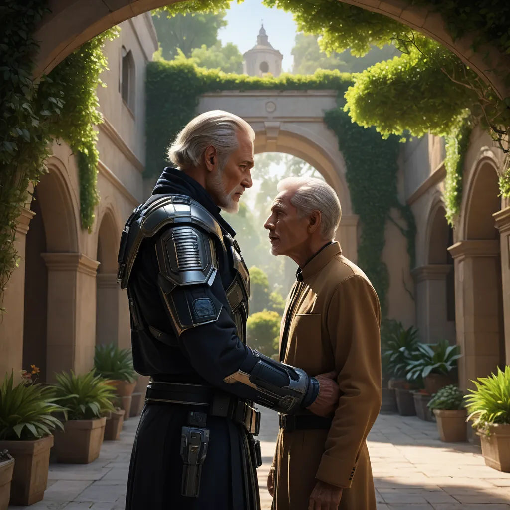 a man in a suit and a woman in a dress standing in a courtyard with a archway and trees, antipodeans, a renaissance painting, Cedric Peyravernay, unreal engine highly rendered