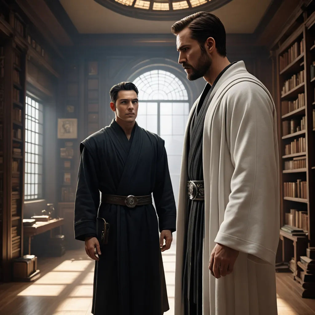two men in robes standing in a library looking at each other and one man in a robe is looking at the other man, renaissance, a renaissance painting, Brothers Hildebrandt, promotional image