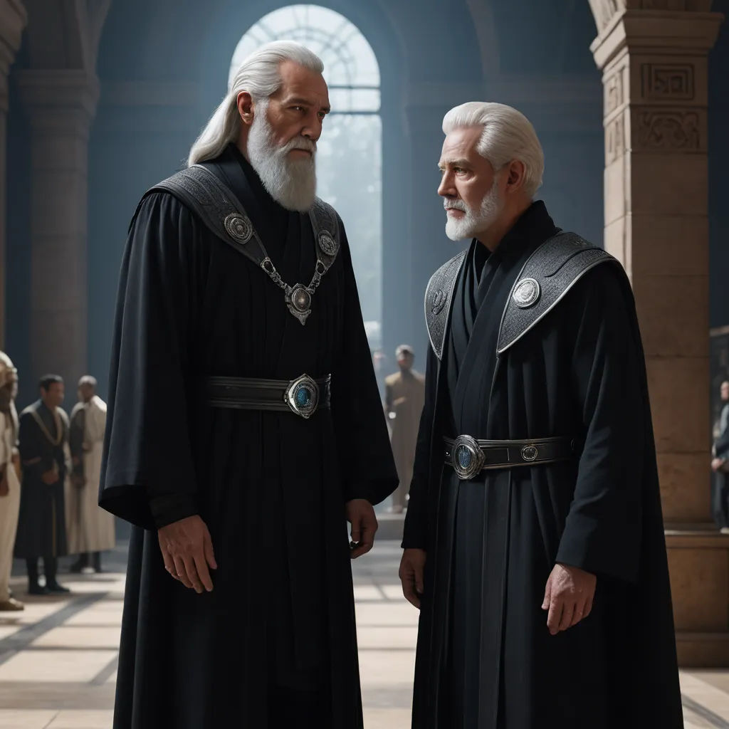 two men in black robes standing next to each other in a building with people standing around them and looking at each other, antipodeans, a detailed matte painting, Edward George Handel Lucas, vfx