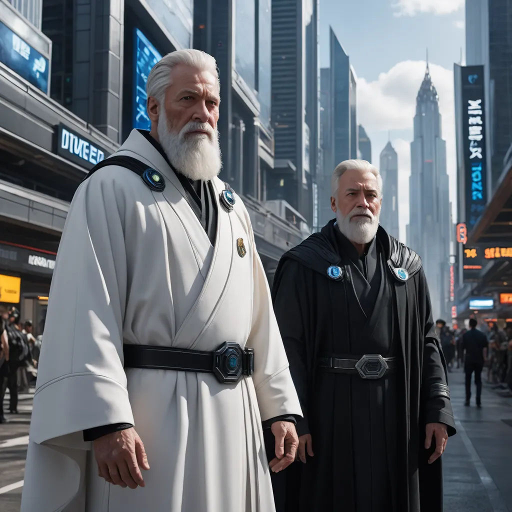 two men in star wars costumes standing on a street in front of a cityscape with tall buildings, futurism, concept art, Edward George Handel Lucas, vfx