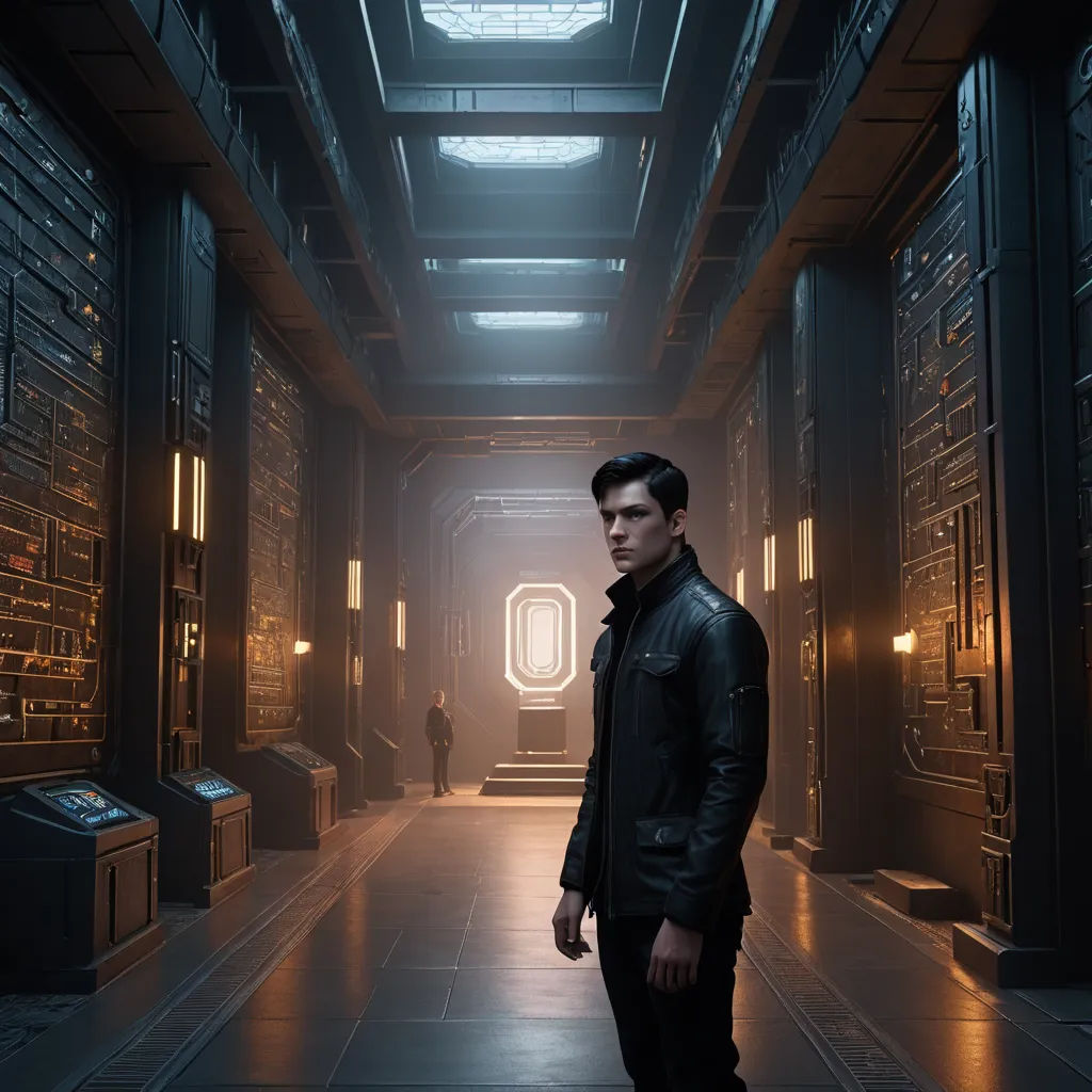 a man standing in a dark room with a light on the ceiling and a man in the distance looking at the camera, brutalism, a character portrait, Cedric Seaut (Keos Masons), unreal engine 4k