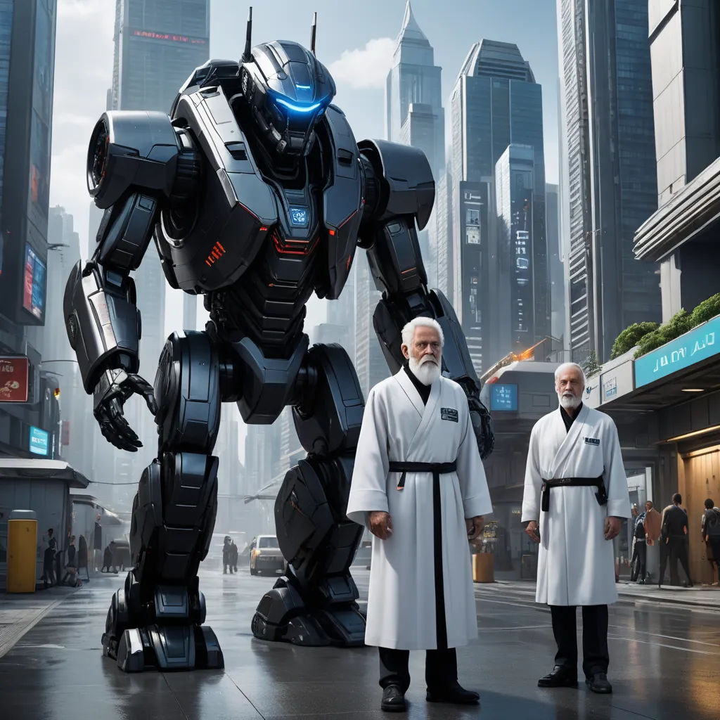 a man standing next to a giant robot in a city street with two men standing next to him and a man in a white coat, antipodeans, a computer rendering, Beeple, 8 k concept art