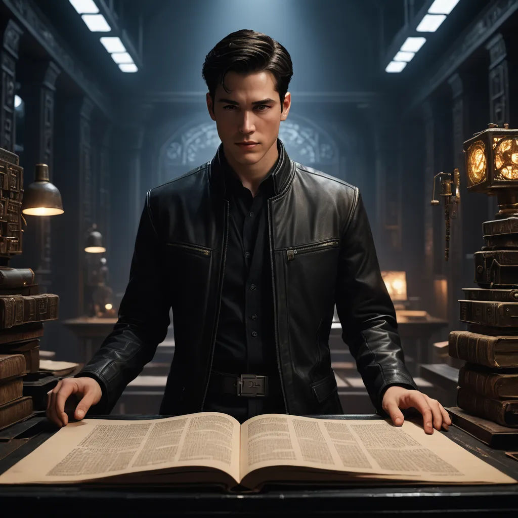 a man standing in front of a book in a room with a clock on the wall and a lamp on the floor, neo-figurative, a character portrait, Cedric Seaut (Keos Masons), promotional image