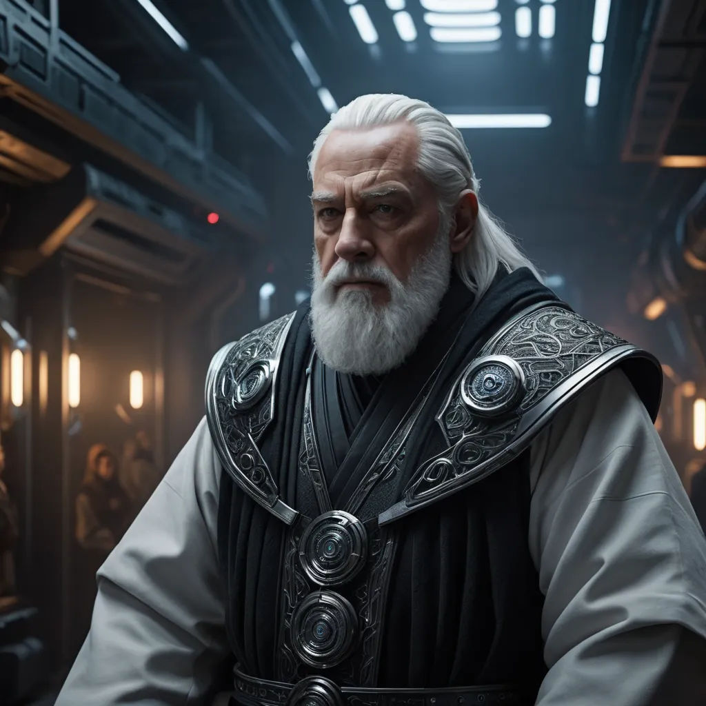 a man with a white beard and a white beard wearing a black outfit and a white beard and wearing a black vest, antipodeans, a character portrait, Edward George Handel Lucas, promotional image