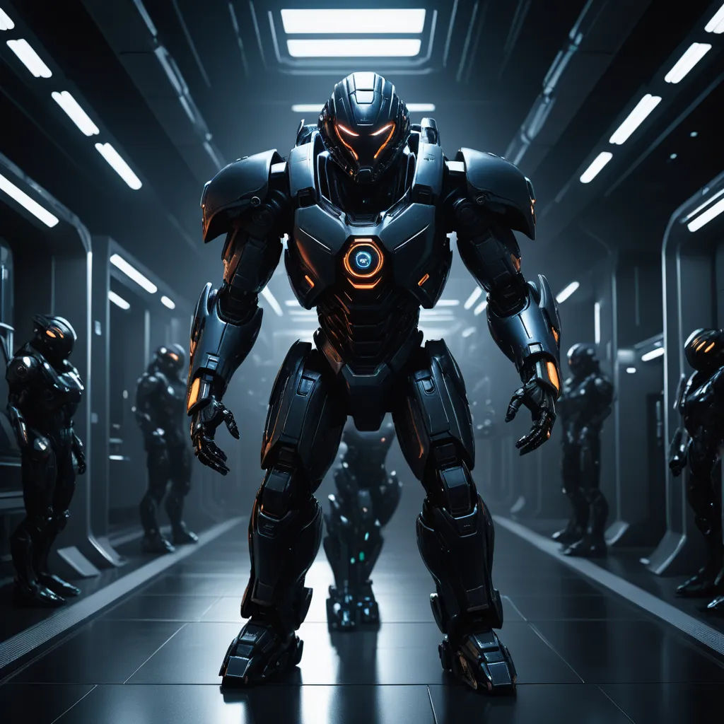 a robot suit standing in a hallway with other robots in the background and a third robot in the foreground, antipodeans, a computer rendering, Eve Ryder, unreal 5