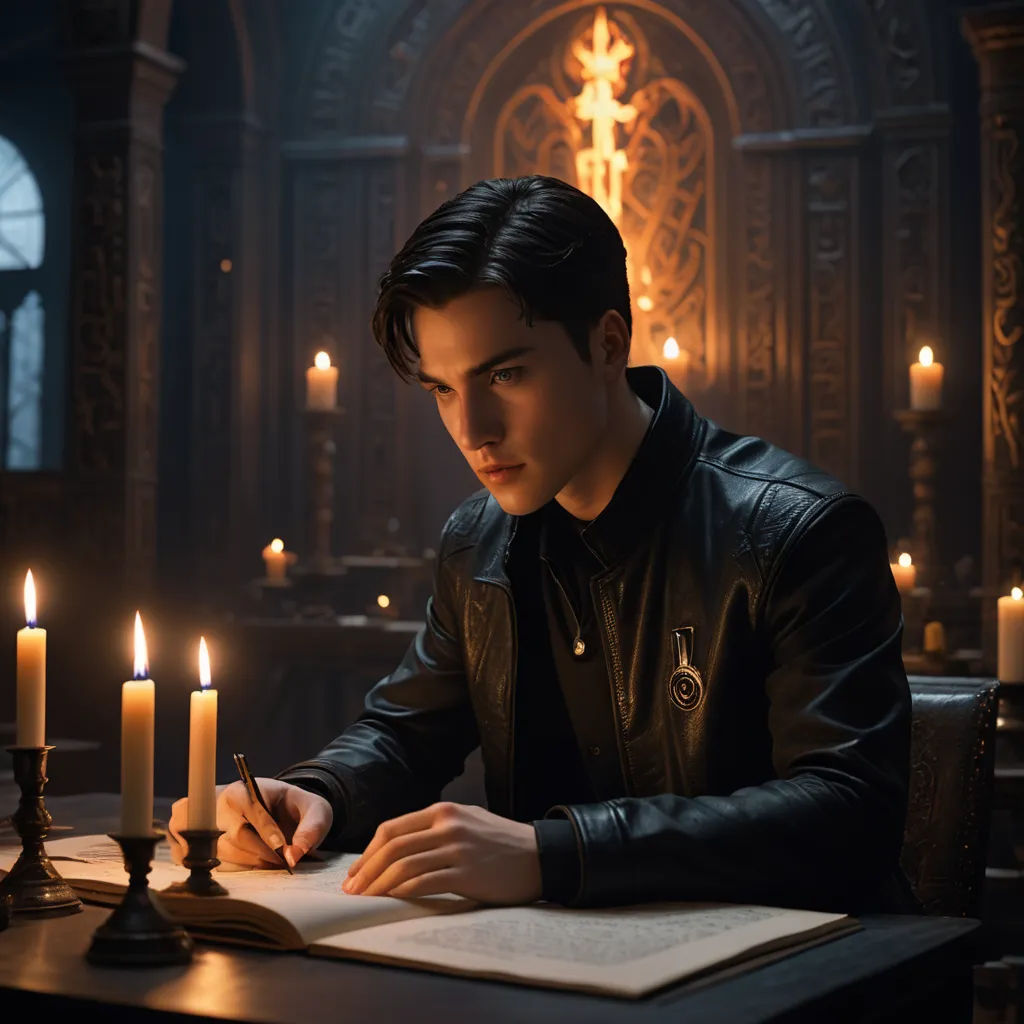 a man writing in a book with candles in the background and a cross in the background with a cross on the wall, gothic art, a character portrait, Cedric Seaut (Keos Masons), promotional image