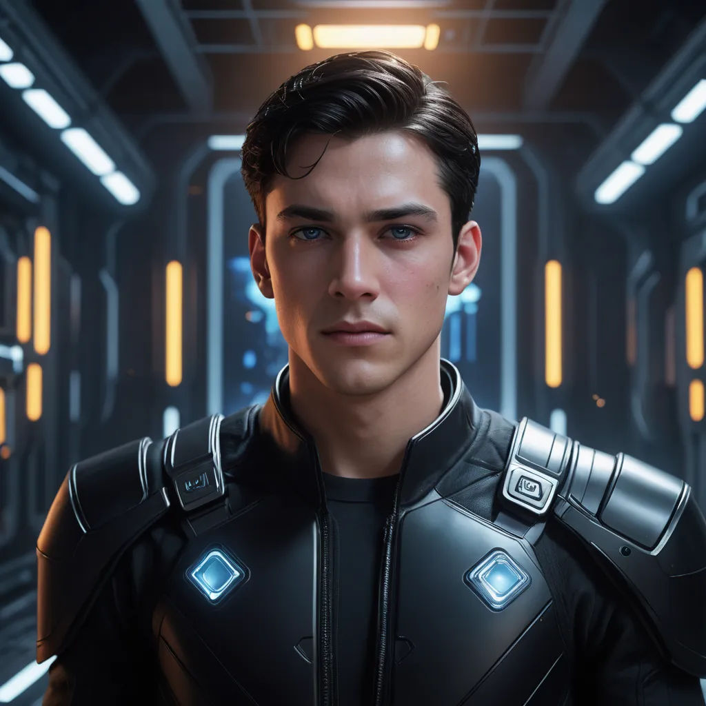 a man in a futuristic suit standing in a hallway with lights on the ceiling and a hallway in the background, photorealism, computer graphics, Cedric Peyravernay, unreal engine 5 highly rendered