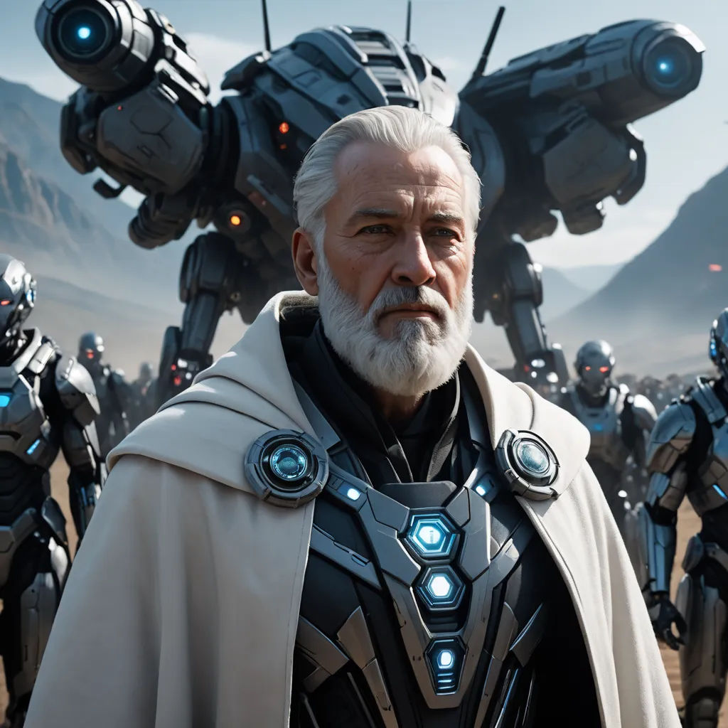 a man in a suit and a beard standing in front of a group of robots in a desert area, antipodeans, computer graphics, Clovis Trouille, unreal 5