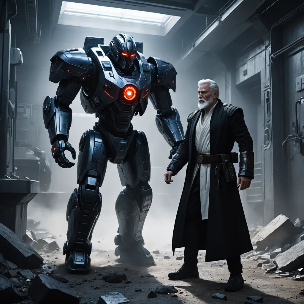 a man standing next to a giant robot in a room with rubble and debris on the floor and a man in a trench coat, antipodeans, a poster, Edward George Handel Lucas, promotional image
