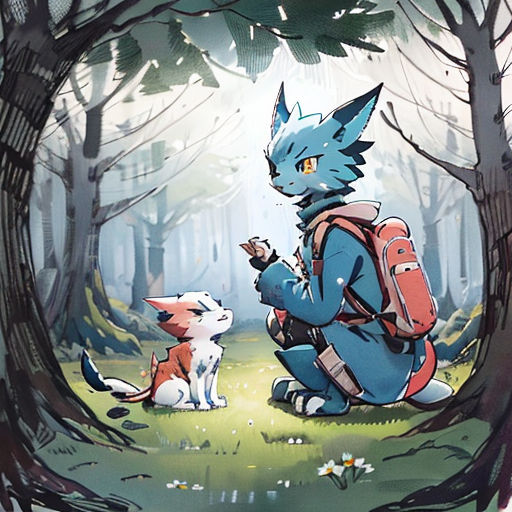a person sitting in the woods with a dog and a cat next to them, with a forest background