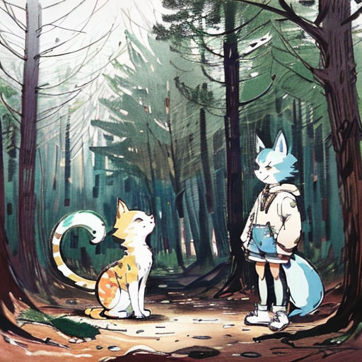 a person standing in the woods with a cat on a leash next to a cat on a leash,