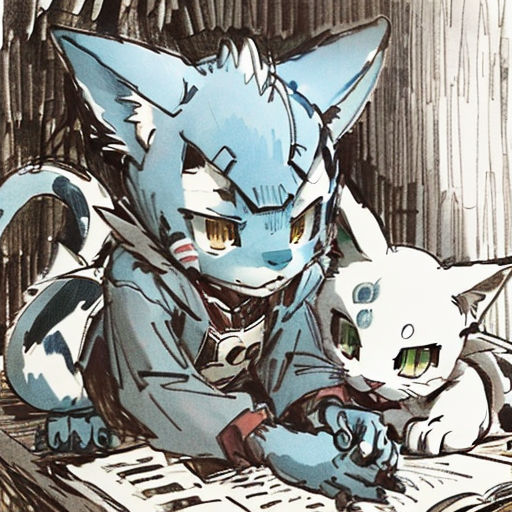a drawing of a cat and a cat sitting on a table next to each other with a book in front of them
